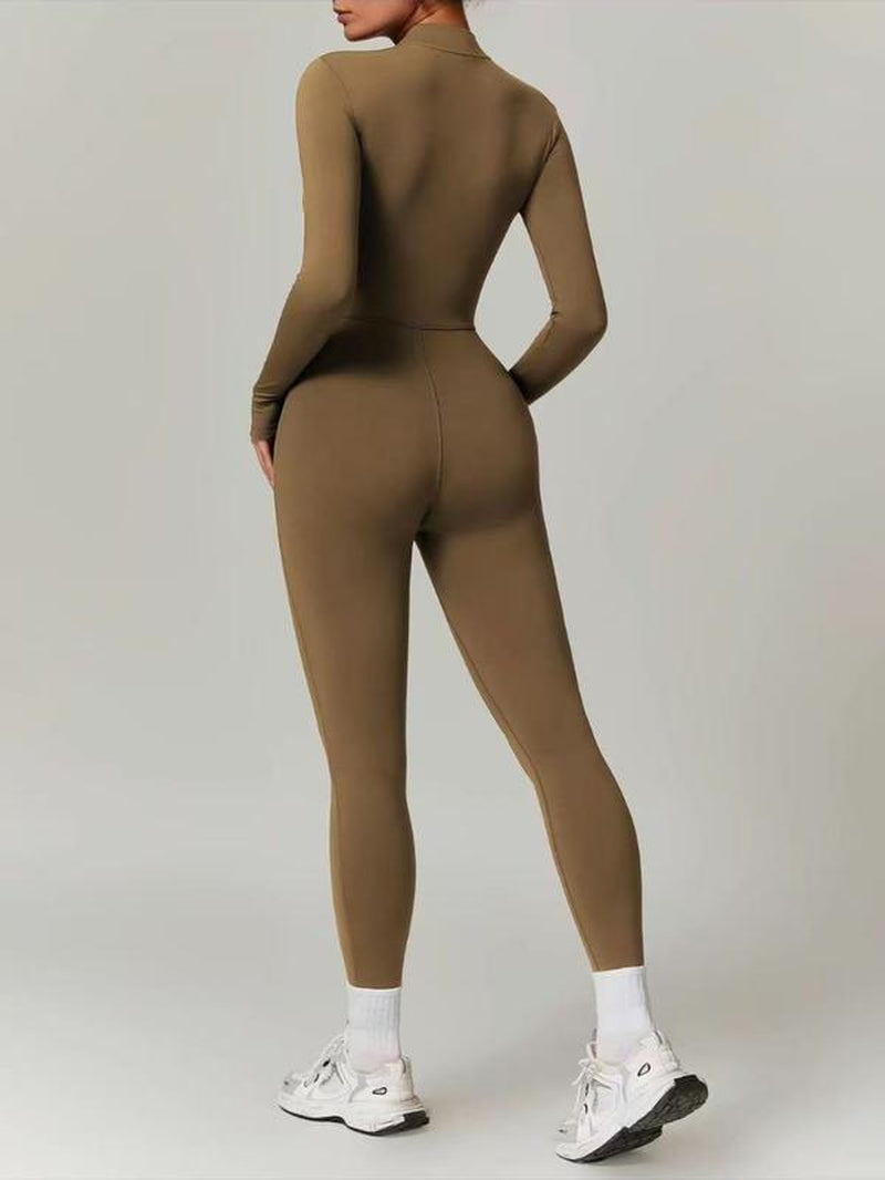 Women'S Solid Zip up Skiing Jumpsuit, Casual Sporty Long Sleeve Thermal Quick-Dry Jumpsuit for Skiing Cycling, Ladies Sportswear for Fall & Winter, Yoga Gym Workout Running Wear, 3D Structural Seam Design